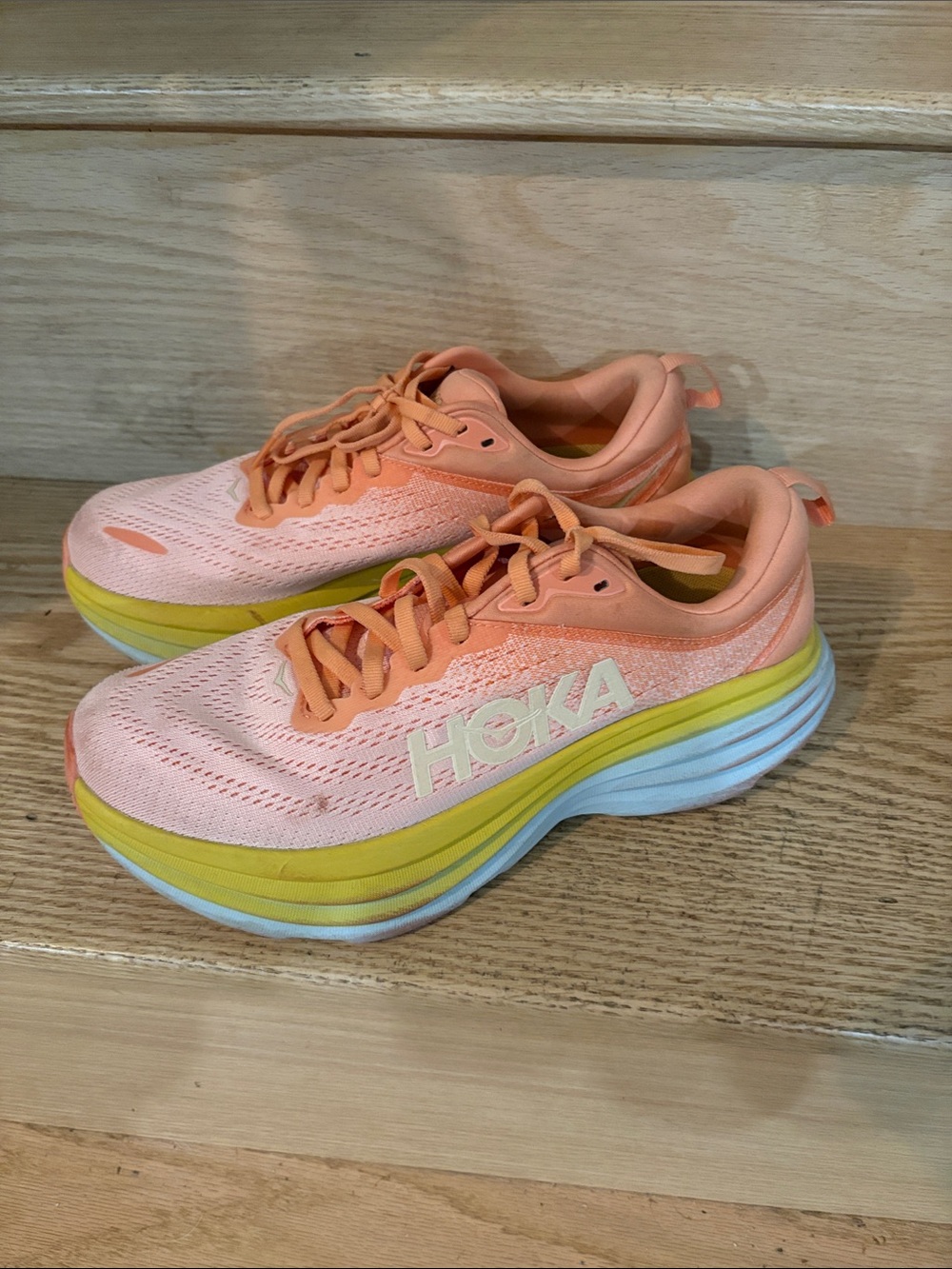Hoka Peach Coral Running Shoes with Yellow & Light Blue Midsole - Picture 1 of 4